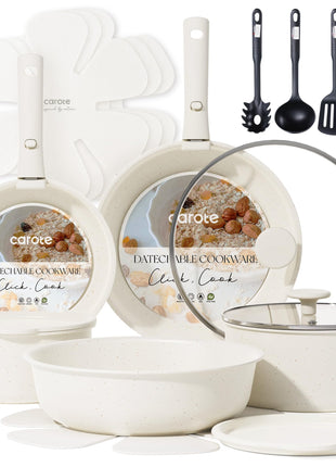 CAROTE 19pcs Pots and Pans Set Non Stick, Detachable Handle Cookware | Kitchen Cooking Sets, Space Saving, Dishwasher & Oven Safe, Non-Toxic, for Camping/RV/Traveling, Cream White