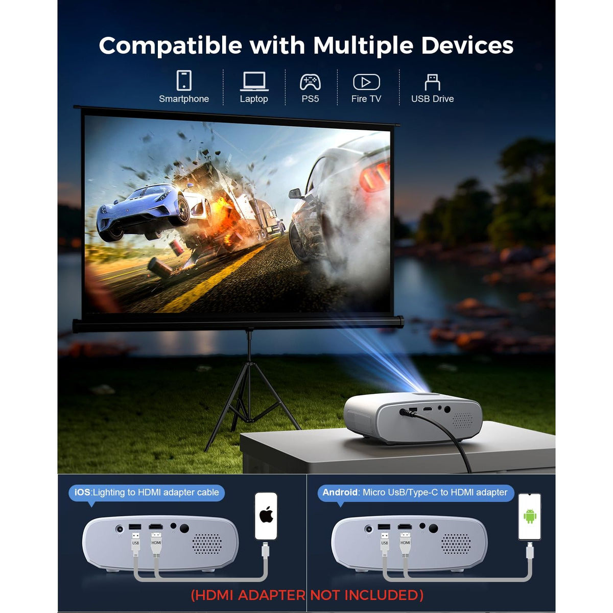 Mini Projector for iPhone, ELEPHAS 2025 Upgraded 1080P HD Projector, 8000L Portable Projector with Tripod, Movie Projector Compatible with Android/iOS/Windows/TV Stick/HDMI/USB