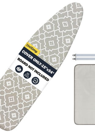 UniSimp Ironing Board Cover and Pad 15"x54" Extra Thick Natural Cotton, Scorch and Stain Resistant Padding, Standard Size Iron Board Cover with Fasteners Heavy Duty Elastic Edge, Heatproof Geometric