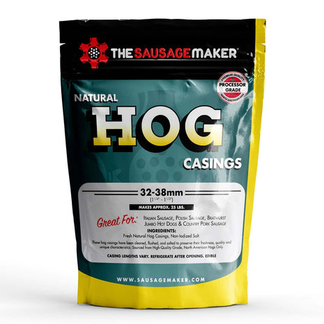 The Sausage Maker® Natural Hog Sausage Casings 32-38mm, Edible Casing For Sausage Making, Stuff Over 25 Lbs Meat, Breakfast, Italian, Polish, Bratwurst, Hot Dog, Pork Links, 1.2-1.5 inch Dia, Home Pack-1