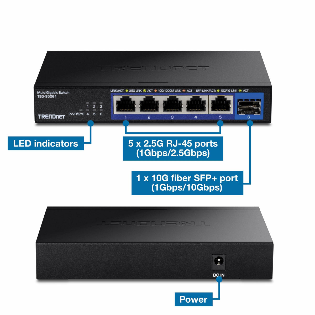 TRENDnet 6-Port Unmanaged 2.5G Switch with 10G SFP+Port, TEG-S5061, 5 x 2.5GBASE-T Ports, 45Gbps SwitchingCapacity, Fanless, Wall Mountable,Lifetime Protection,Black