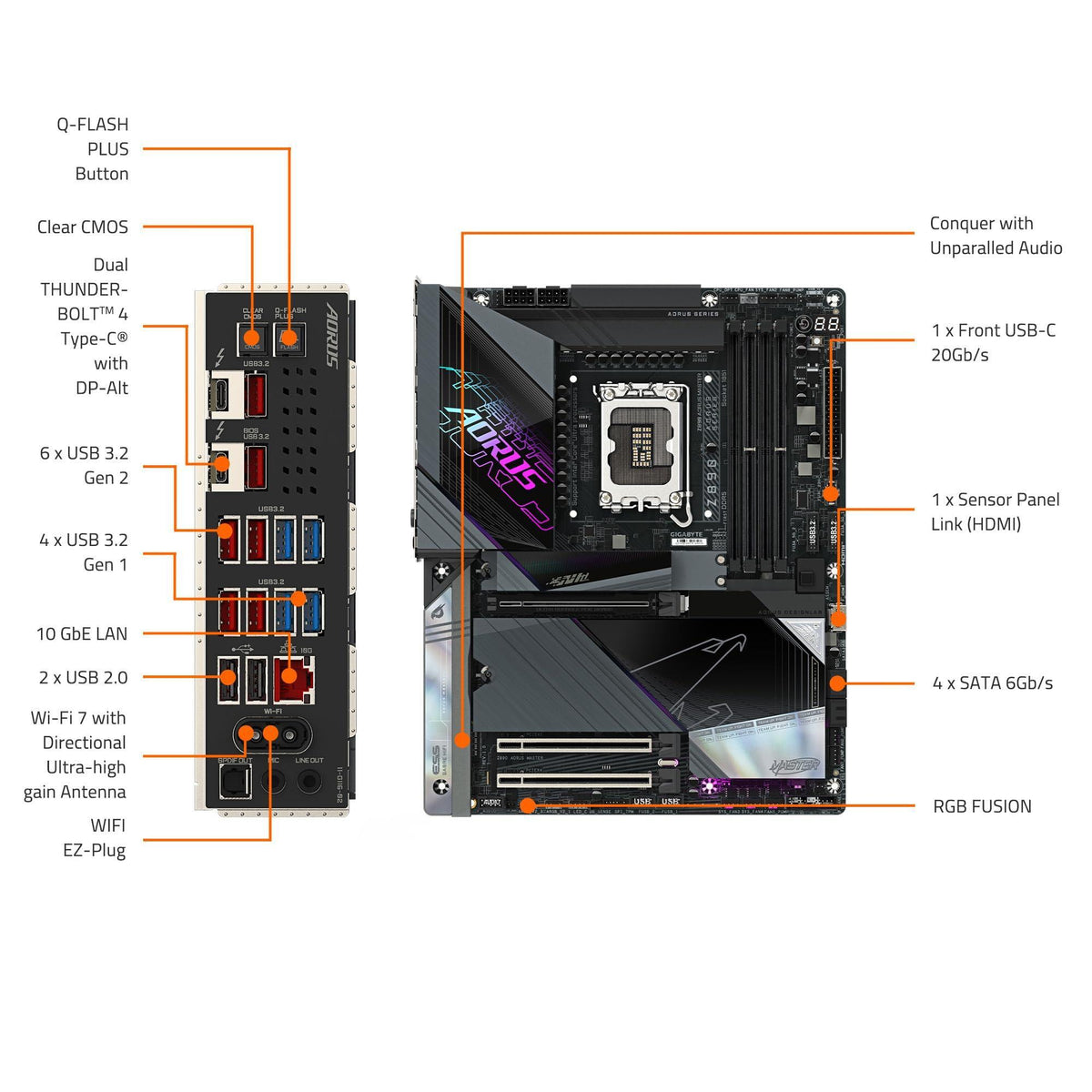 GIGABYTE Z890 AORUS Master Intel Core Ultra (Series 2) LGA 1851 Motherboard, ATX, DDR5, 5X M.2, PCIe 5.0, Thunderbolt 4, WIFI7, 10GbE LAN, EZ-Latch