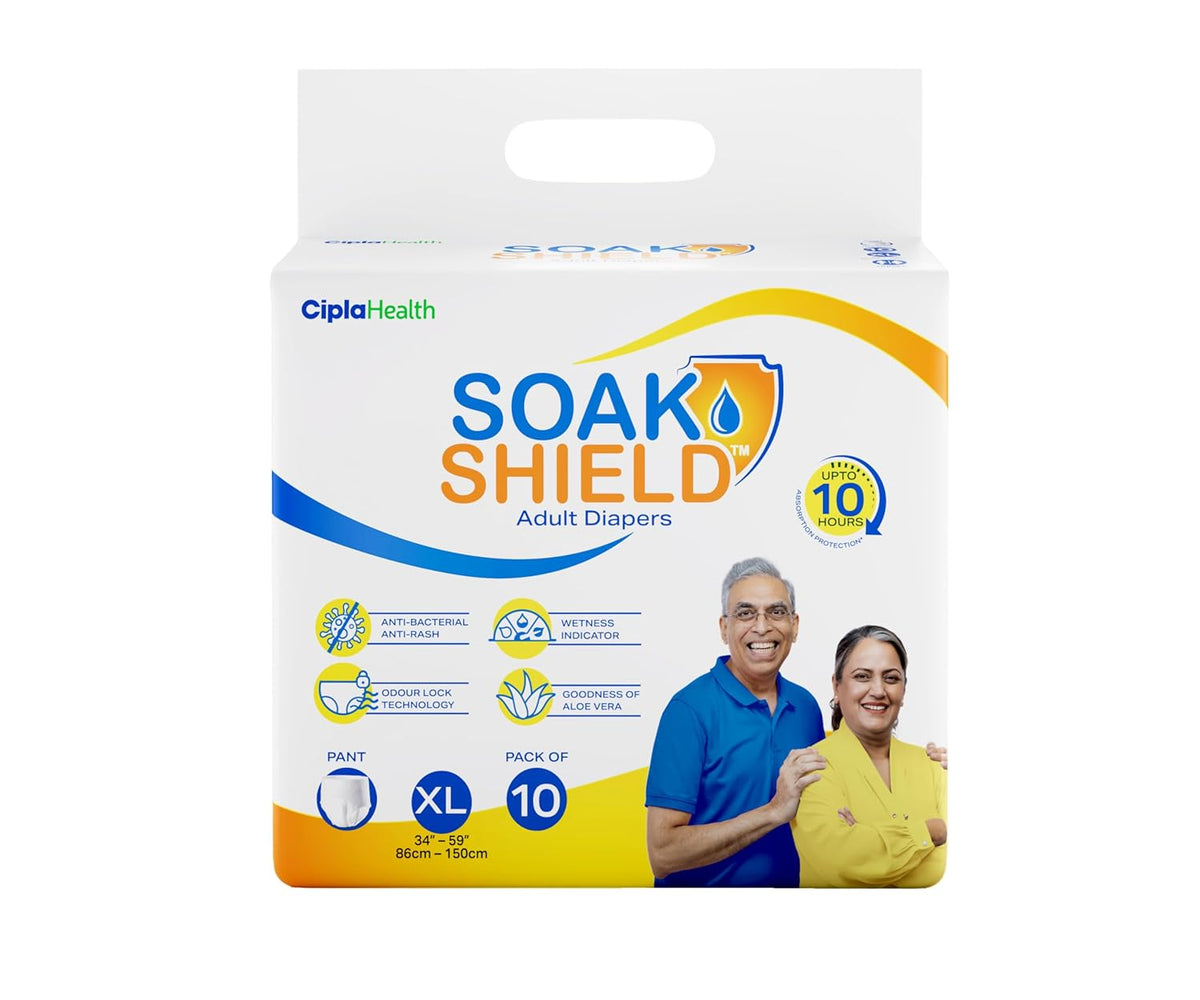 Cipla Soak Shield Premium Adult Diaper - Pant Style |10 hr Absorption-Protection |AntiBacterial & AntiRash | Unisex with Wetness Indicator | Odour Control | Goodness of Aloe Vera | 10 Units