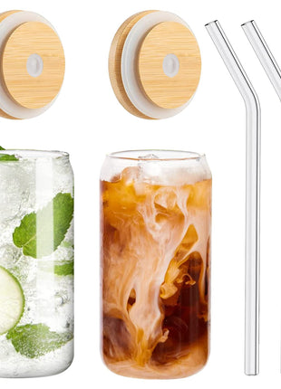 WISIMMALL Drinking Glasses with Bamboo Lids and Glass Straw 2PCS Set, 16oz Glass Cups with Lids and Straws, Beer, Iced Coffee Glasses, Soda, Gift 1 Cleaning Brushes
