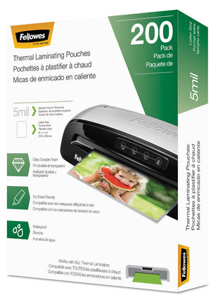 Fellowes Thermal Laminating Pouches, Letter Size Sheets, 5mil 200pk, Clear (5743601)