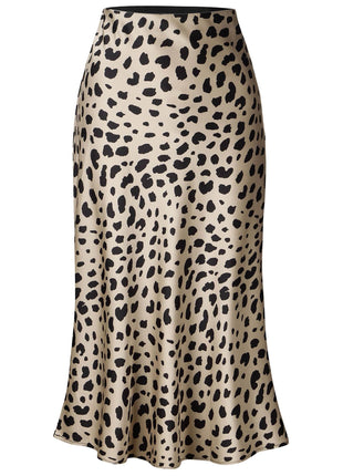 Keasmto Leopard Skirt for Women Midi Length High Waist Silk Satin Elasticized Cheetah Skirts L