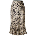 Keasmto Leopard Skirt for Women Midi Length High Waist Silk Satin Elasticized Cheetah Skirts L