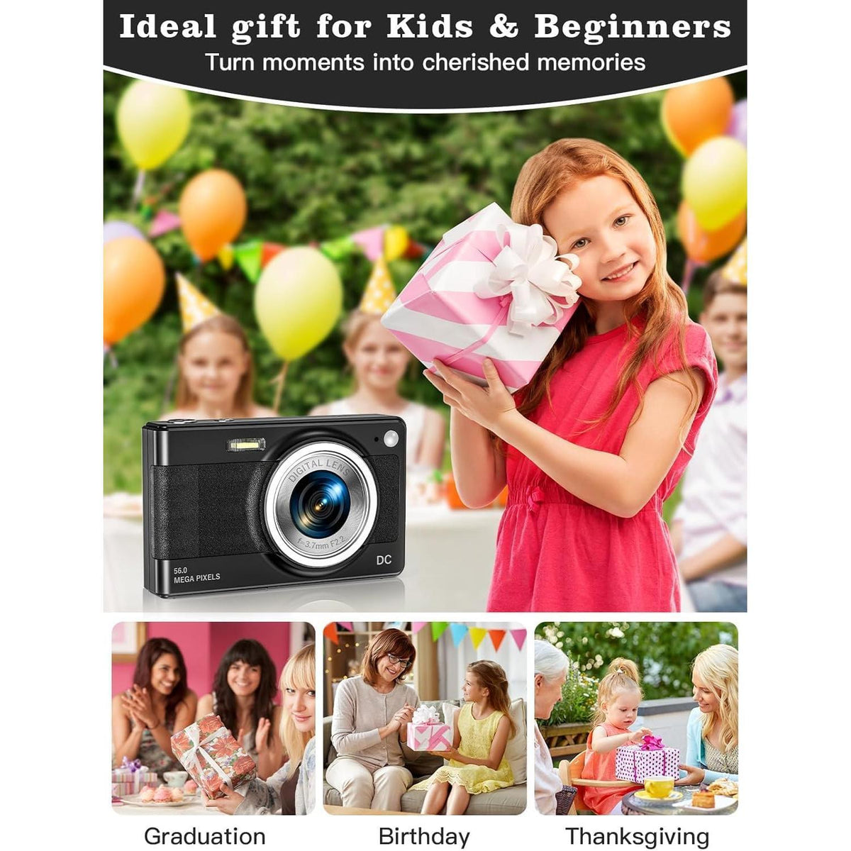 Upgrade Digital Camera, 56MP FHD 1080P for Kids with 16x Zoom Anti Shake, 32GB TF Card, Two Batteries, Lanyard, Compact Small for Boys Girls （Black）
