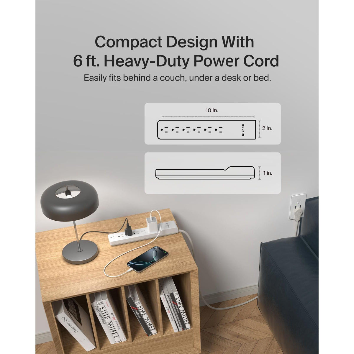 Belkin 6-Outlet Surge Protector Power Strip, 6ft Cord, 360° Rotating Plug - 1080 Joules Protection