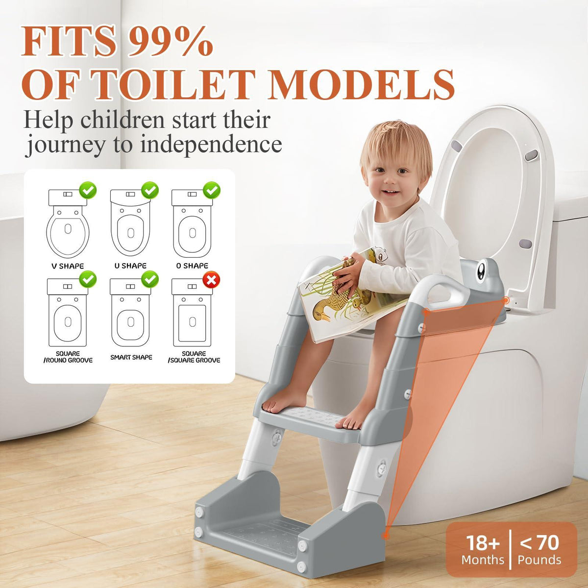TuckInn Potty Training Seat, Toddler Toilet Seat for Little Boys Girls, Potty Training Toilet with Urinals, Toddler Step Stool Ladder and Splash Guard (Gray)