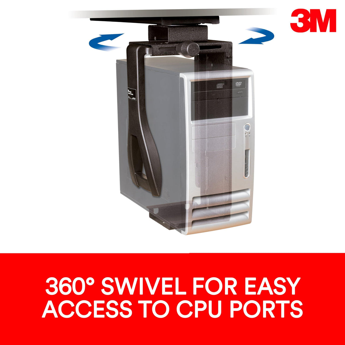 3M Under-Desk Computer Tower CPU Holder, Width Adjust from 3.5" to 9.3", Height Adjust from 12.5" to 22.5" to Fit Most CPU's up to 50 lbs, 360⁰ Swivel, Steel Construction, 17" Track, Black, (CS200MB)