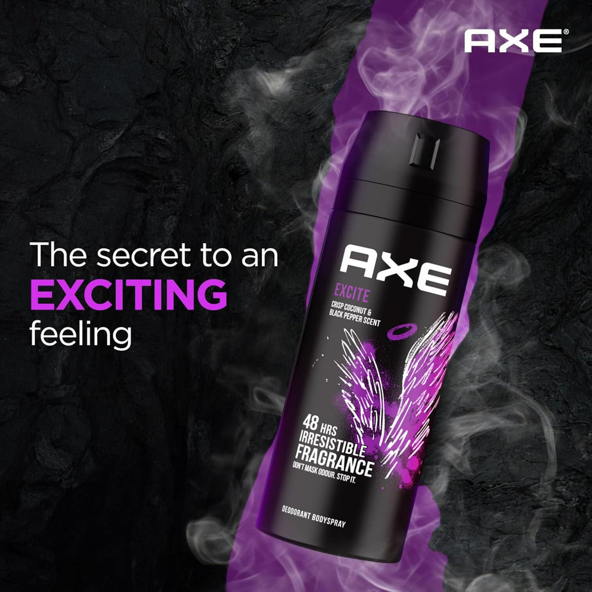 Axe Excite Deodorant Body Spray for Men | 48H* Odour Protection | Crisp Coconut & Black Pepper Scent | 150ml