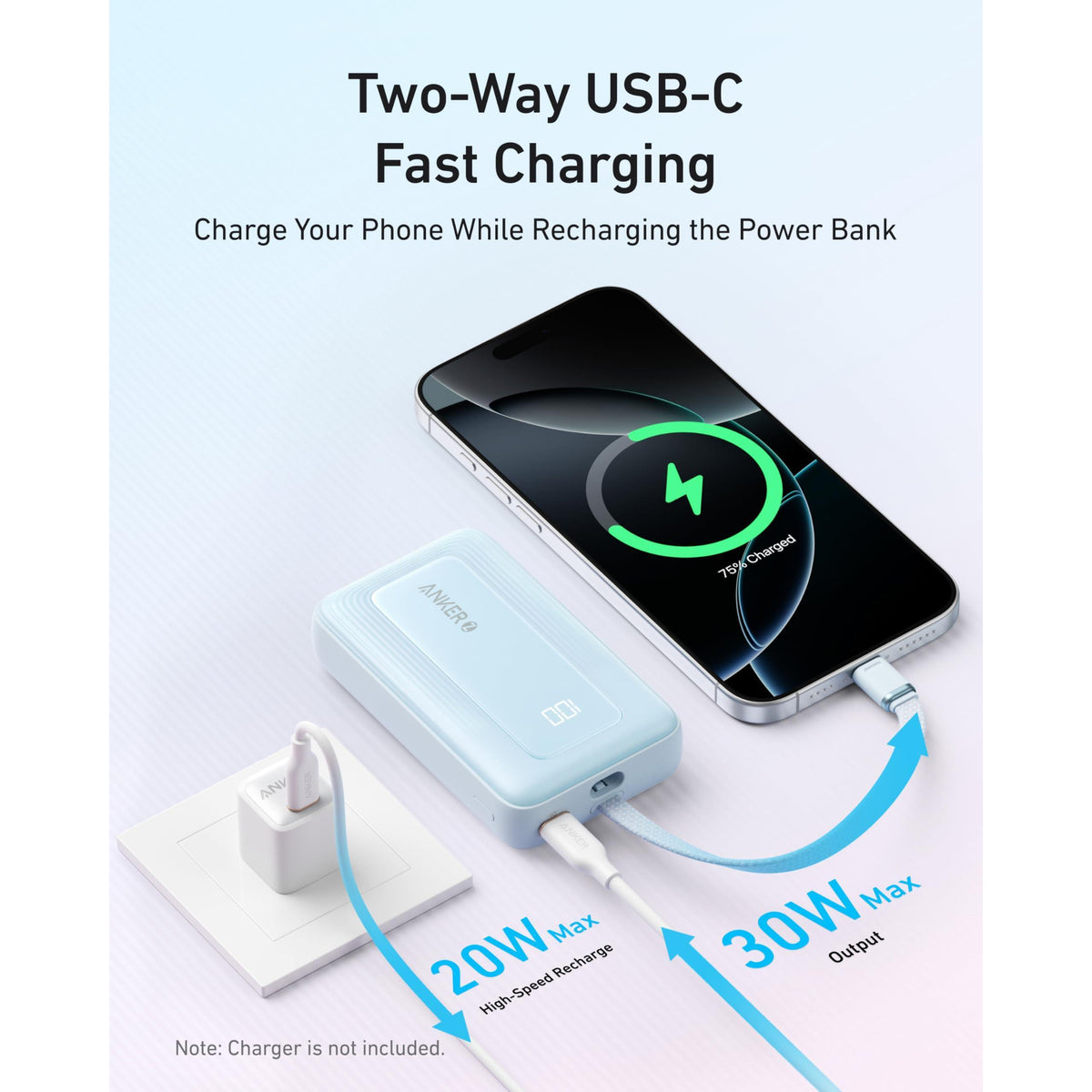 Anker Portable Charger, 10,000mAh 30W Power Bank, USB-C in and Out Fast Charging Battery Pack, Travel Essential Phone Power Bank, for iPhone 16/15, iPad, MacBook, Galaxy, Google, and More