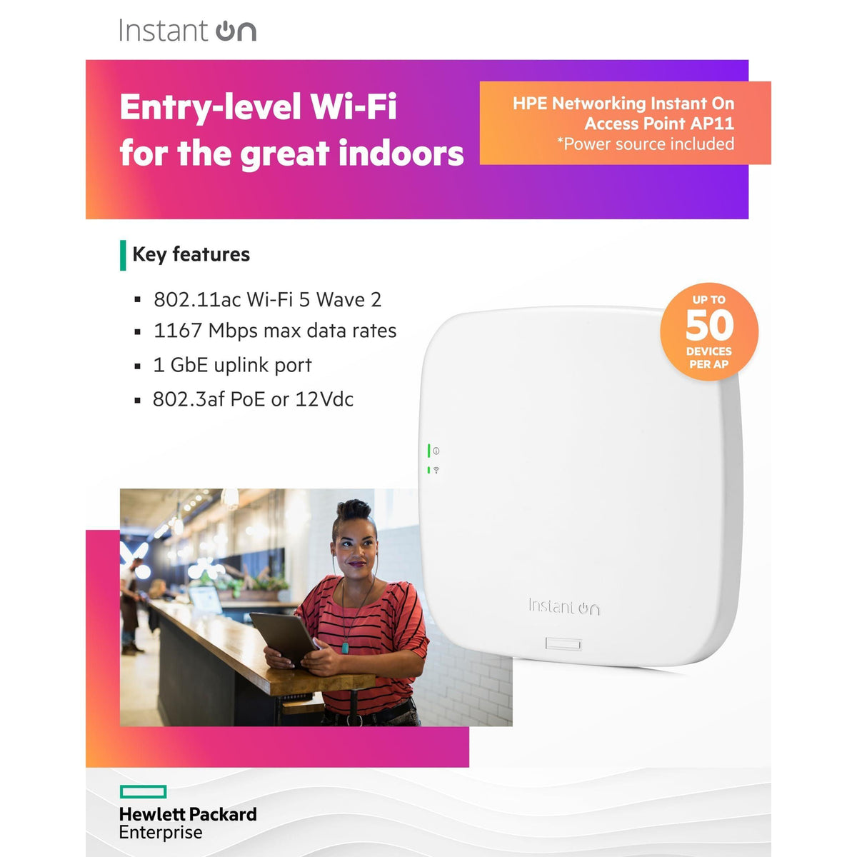 HPE Networking Instant On Access Point AP11 2x2 WiFi 5 Indoor Wireless Access Point | Power Source Included | US Model (R3J21A)
