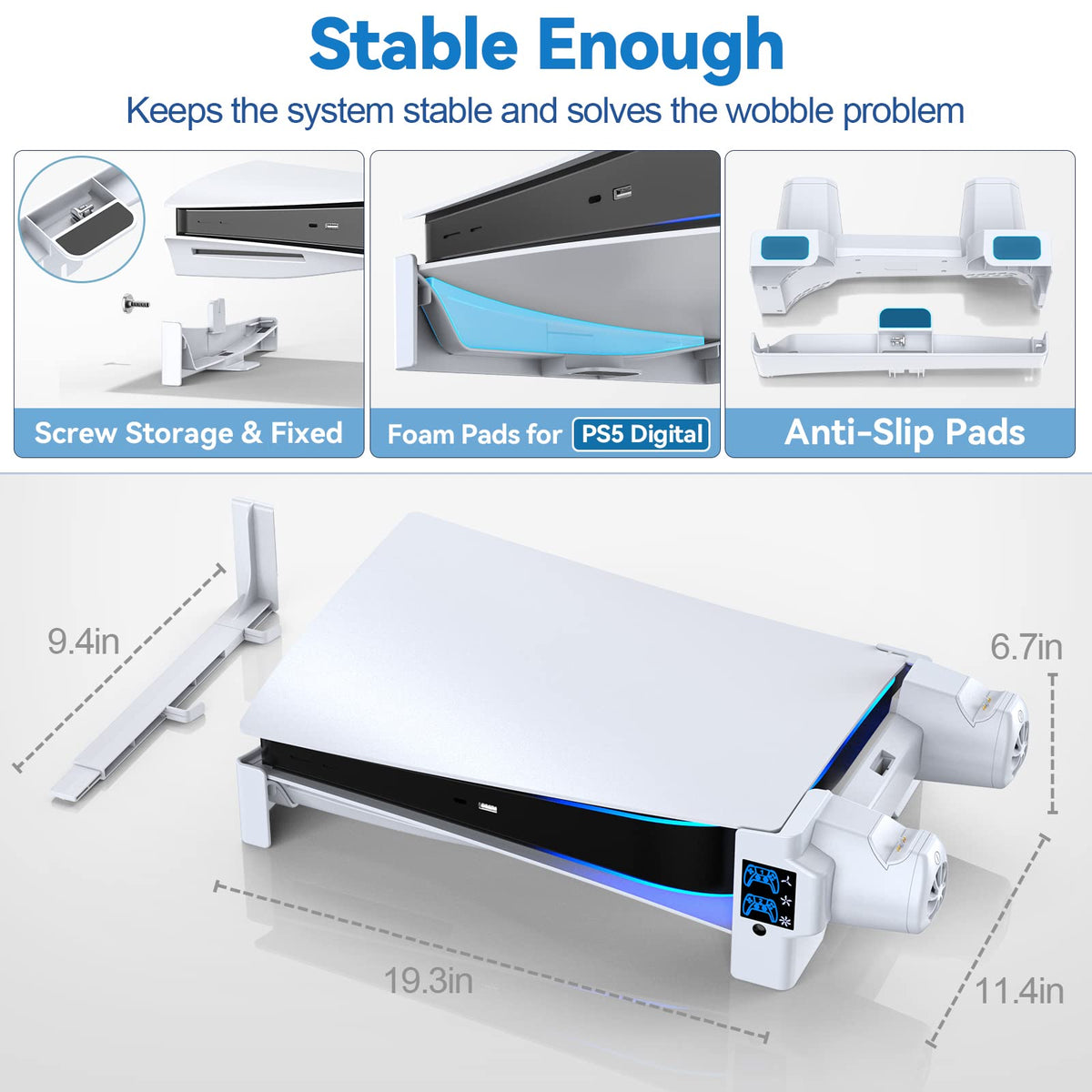 PS5 Horizontal Stand with 3-Level Cooling Fans for PlayStation 5 Console, PS5 Accessories Controller Charging Station for PS5 Edge Controller, PS5 Cooling Station (Not Fit PS5 Slim/PS5 Pro)