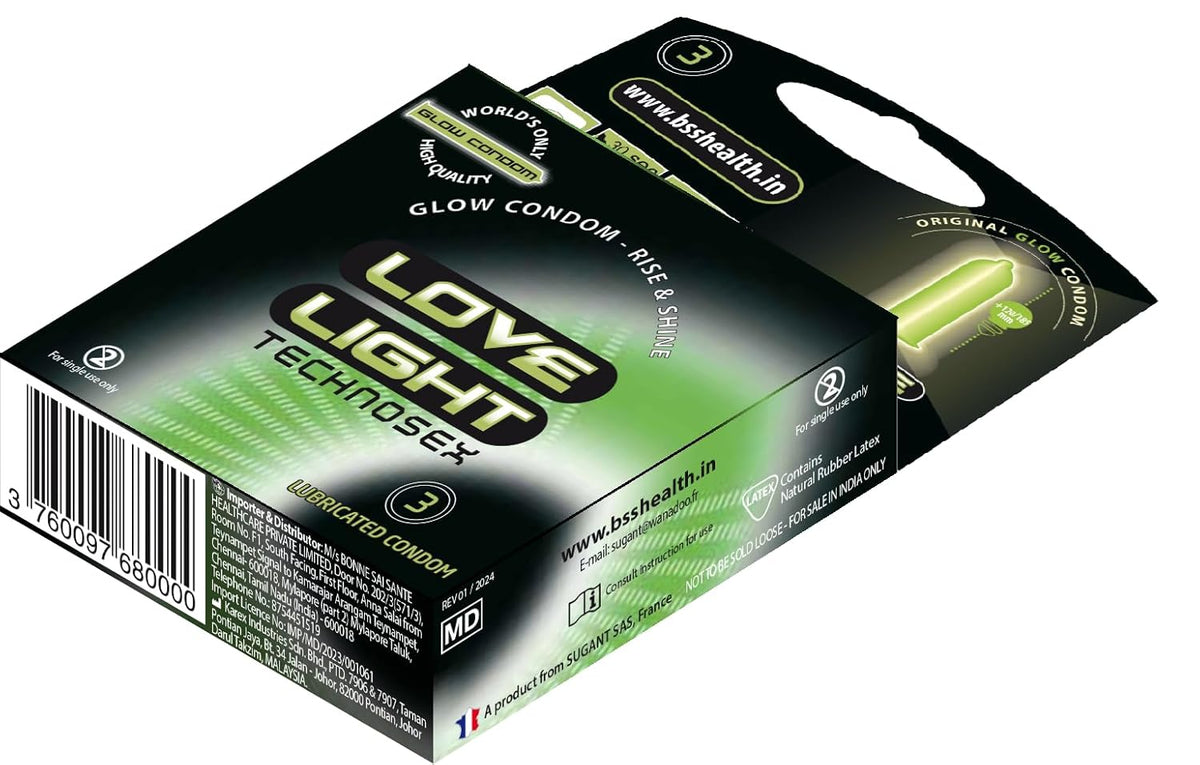 Love Light Glow condom 3 pcs pack - Natural Rubber Latex -Lubricated with Reservoir Tip -Phosphorescent - Smooth Surfaced - International quality ISO 4074