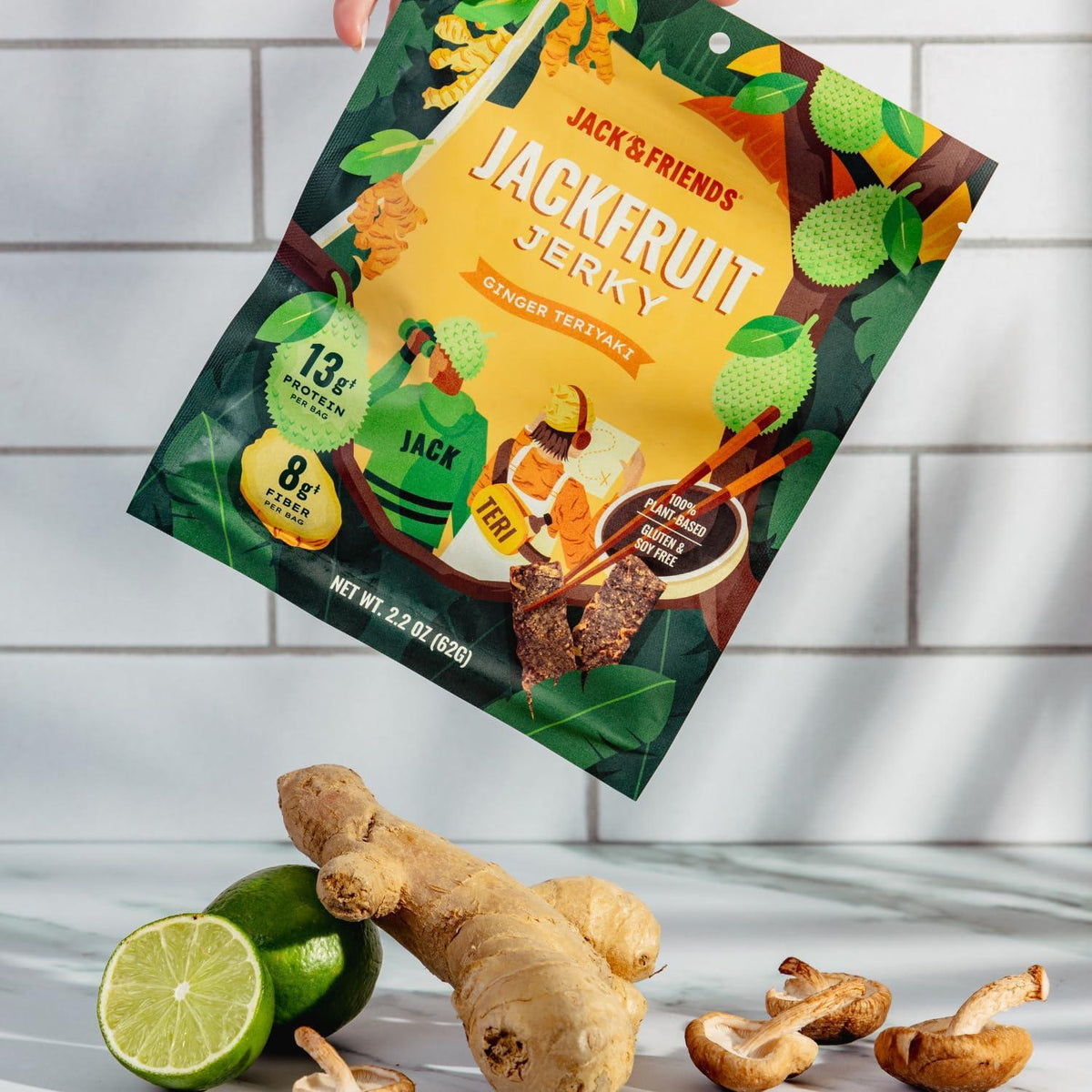 Jack & Friends Jackfruit Jerky - Ginger Teriyaki - 13g Protein - 8g Fiber - 100% Plant Based Jerky - Gluten Free - Soy Free - Vegan - Low Sugar - All Natural Ingredients - 2.2 Oz (Pack of 1)
