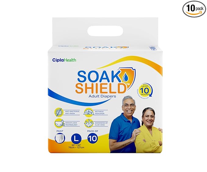 Cipla Soak Shield Premium Adult Diaper - Pant Style |10 hr Absorption-Protection |AntiBacterial & AntiRash | Unisex with Wetness Indicator | Odour Control | Goodness of Aloe Vera | 10 Units