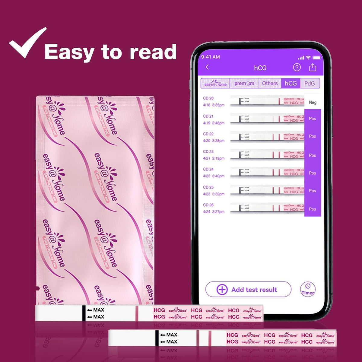 Easy@Home Pregnancy Test Strips Kit, 20 Pack Early Detection hCG Tests - Bulk Pregnancy Strips - Powered by Premom APP