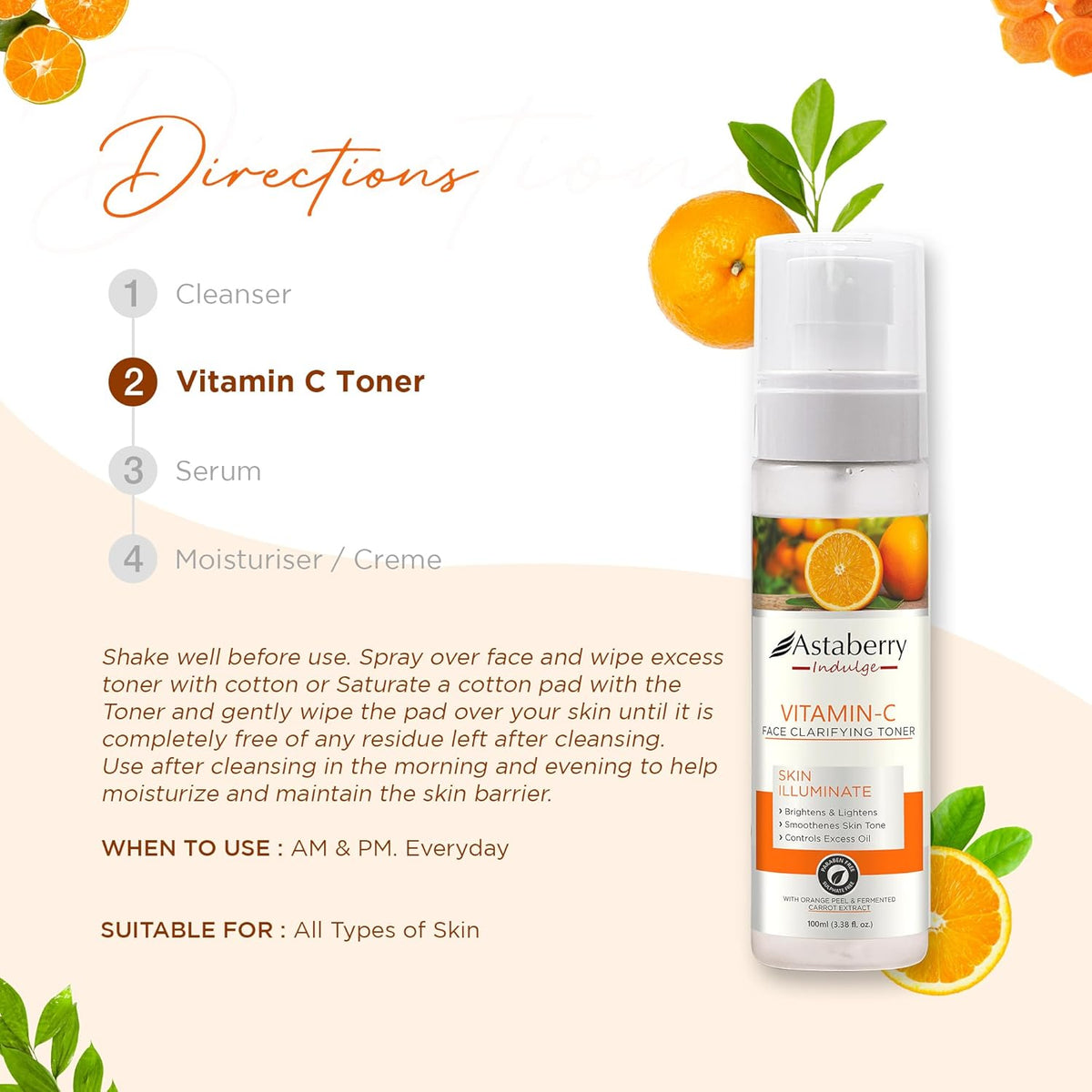 Astaberry Indulge Vitamin C Face Toner For Glowing Skin|Toner For Oily & Dry Skin|Hydrates The Skin|With Orange Peel & Fermented Carrot Extract - 100 Ml