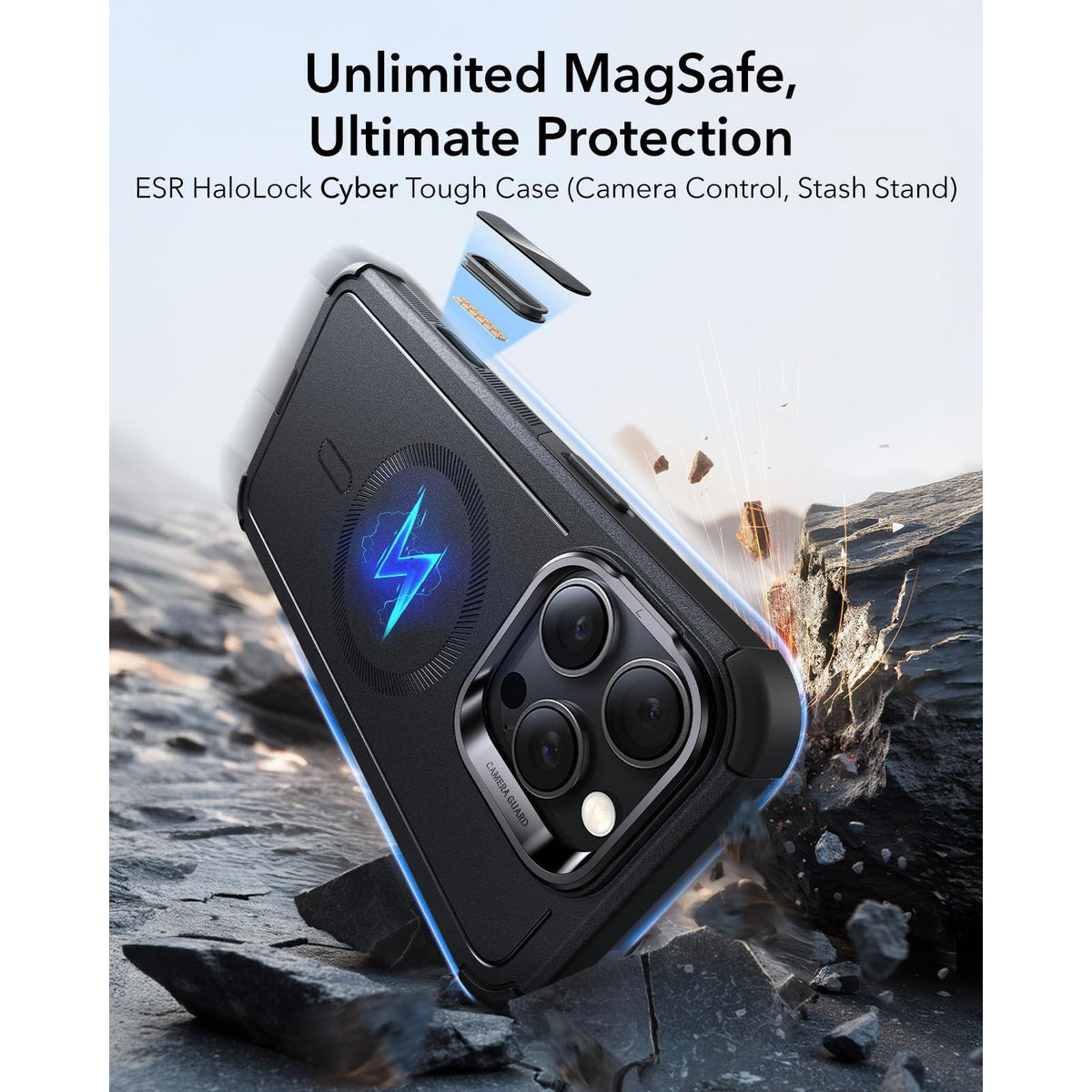 ESR for iPhone 16 Pro Max Case with Stash Stand, Camera Control, 23FT Military-Grade Shock-Absorbing Drop Protection, Compatible with MagSafe Accessories, Magnetic Cyber Series, Black