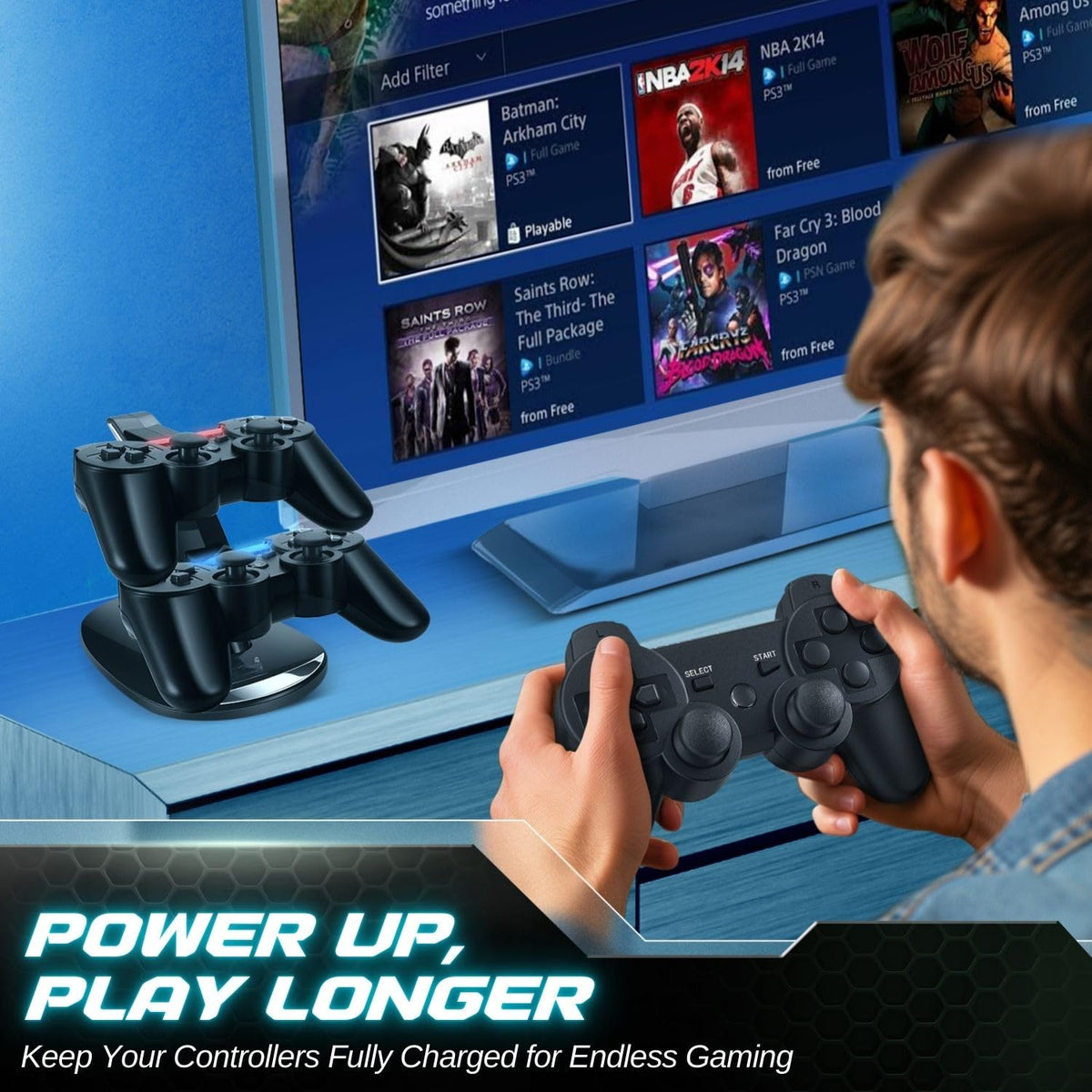 TNP Compatible with PS3 Controller Charger Stand for Sony Playstation 3 Controller compatible with Dualshock 3 Charging, 2 Tier Docking Station Stand and 2 USB PS3 Cable ports with LED Indicators