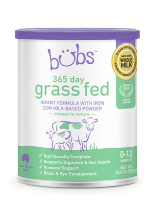 Bubs 365 Day Grass Fed Infant Formula with Iron, Cow Milk-Based Powder for Infants 0-12 Months, Made with Non-GMO Milk, 20 oz