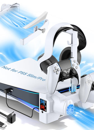PS5 Horizontal Stand with 3-Level Cooling Fans for PlayStation 5 Console, PS5 Accessories Controller Charging Station for PS5 Edge Controller, PS5 Cooling Station (Not Fit PS5 Slim/PS5 Pro)