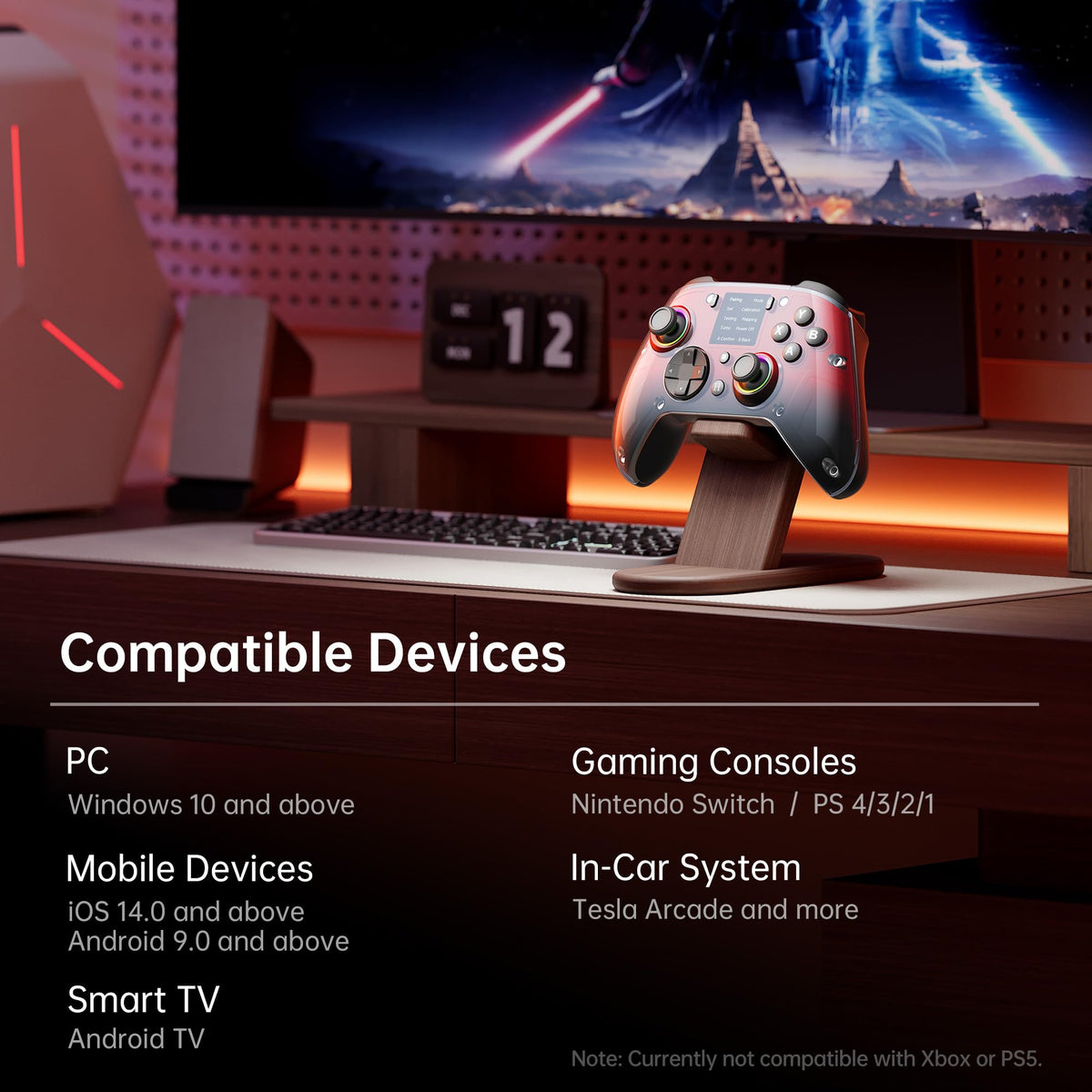 GUSGU G7 Wireless Gaming Controller with Interactive Screen, 1000Hz Polling Rate, Hall Joysticks & Triggers, 4 Programmable Buttons, Compatible with PC, Switch, PS4, iOS, Android, Red