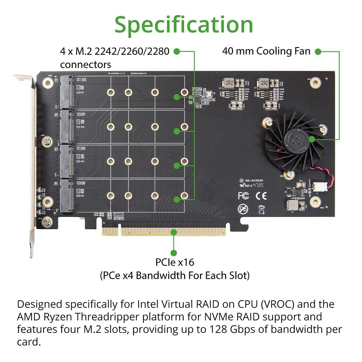 IO Crest Quad M.2 NVMe PCIe x16 Expansion Card for Intel VROC and AMD Ryzen Threadripper Motherboard