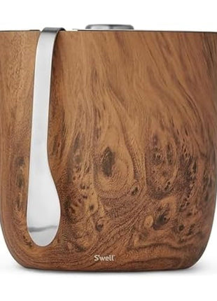 S'well Stainless Steel Ice Bucket with Tongs, 68oz Capacity, Teakwood Pattern Finish, Triple-Layer Vacuum Insulated to Keep Ice Colder Longer, BPA-Free Barware