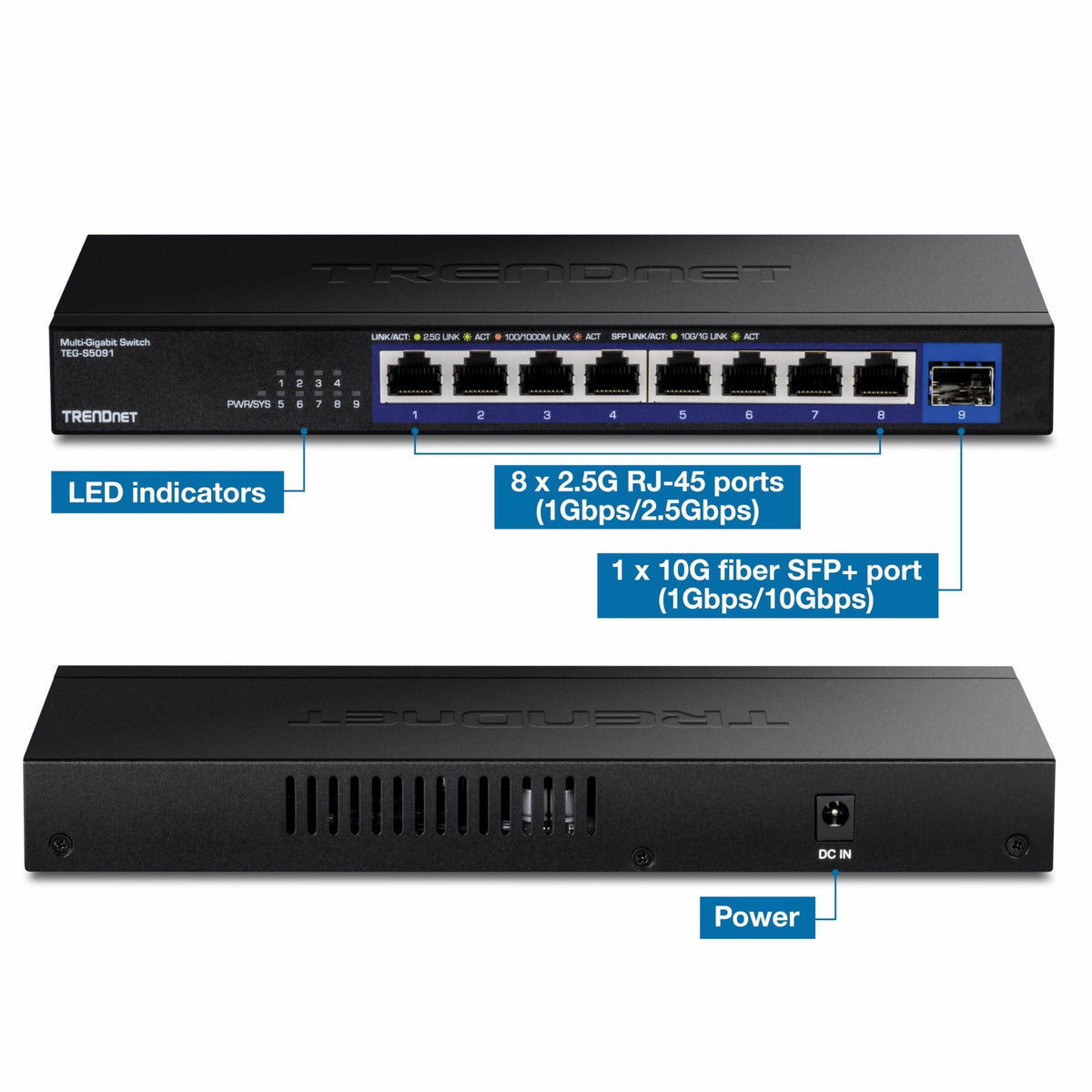 TRENDnet 9-Port Unmanaged 2.5G Switch with 10G SFP+ Port, TEG-S5091, 8 x 2.5GBASE-T Ports, 60Gbps, Wall Mountable, Ethernet Splitter, NDAA & TAA Compliant, Lifetime Protection, Black