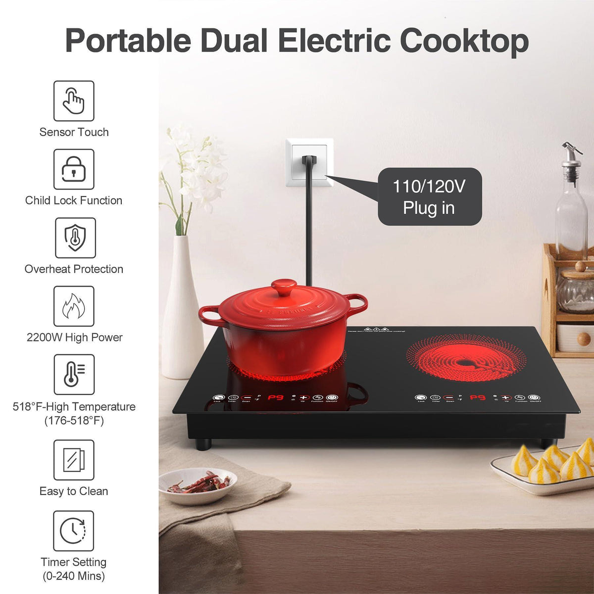VBGK Electric cooktop,110V 24 inch 2 Burner Electric Cooktop,Built-in and Countertop Stove Top,2200W Stove,9 Power Levels, Kids Lock & Timer,LED touch control,Overheat Protection