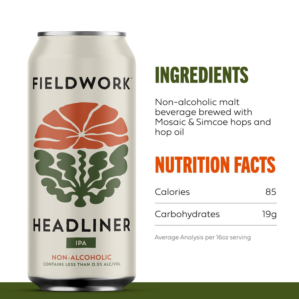 Fieldwork Non-Alcoholic Craft Beer 16 Fl Oz, Award-Winning Taste, Headliner IPA, Vegan, Low-Calorie, 4-Pack Cans