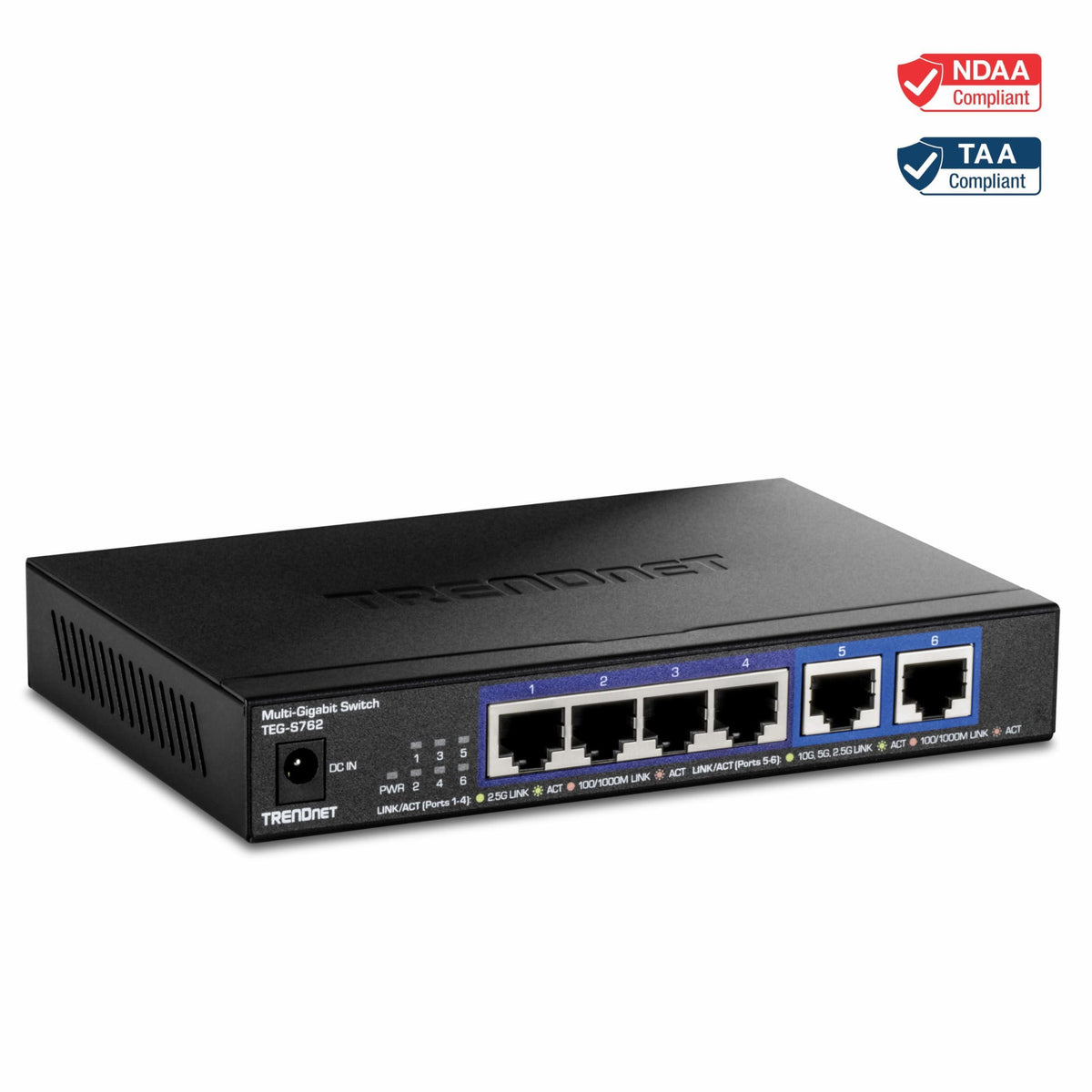 TRENDnet 6-Port 10G Switch, 4 x 2.5G RJ-45 Base-T Ports, 2 x 10G RJ-45 Ports, 60Gbps Switching Capacity, Wall Mountable, 10 Gigabit Network Connections, Lifetime Protection, Black, TEG-S762