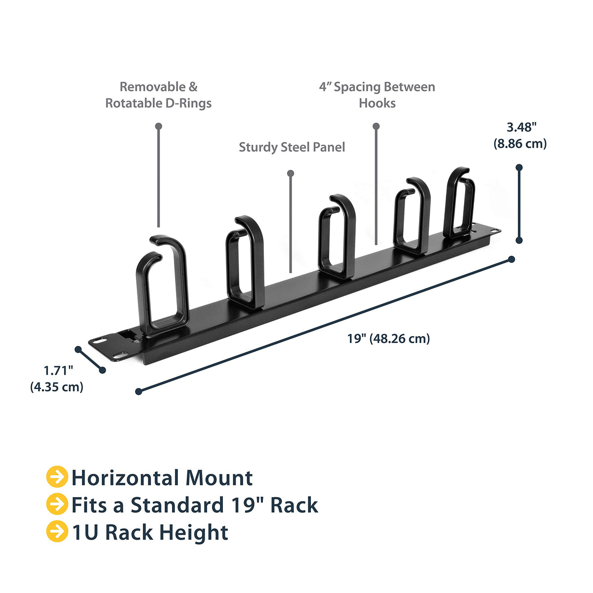 StarTech.com 19” Server Rack Cable Management Panel w/ D-Ring Hooks - 1U Horizontal or Vertical Wire and Cord Manager - Metal , TAA (CABLMANAGER2)