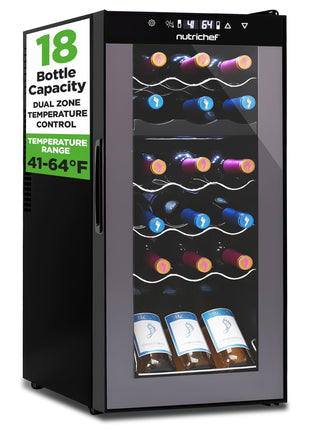 NutriChef PKCWCDS188 Freestanding Wine Fridge, 18 Bottle Dual Zone Beverage Cooler for Home & Office, 32x13x19 inches, Adjustable Temp 41-64F, Black