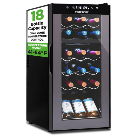 NutriChef PKCWCDS188 Freestanding Wine Fridge, 18 Bottle Dual Zone Beverage Cooler for Home & Office, 32x13x19 inches, Adjustable Temp 41-64F, Black