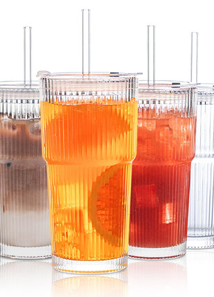 INSETLAN 20 oz Ribbed Glass Tumblers with Lids and Glass Straws – 4-Piece Glassware Set, Thickened Wall, Ideal for Iced Coffee, Smoothies, Cocktails, and Juices – Elegant and Durable Drinkware
