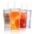 INSETLAN 20 oz Ribbed Glass Tumblers with Lids and Glass Straws – 4-Piece Glassware Set, Thickened Wall, Ideal for Iced Coffee, Smoothies, Cocktails, and Juices – Elegant and Durable Drinkware