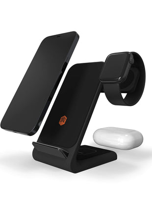 STM ChargeTree Swing 3-in-1 Wireless Charging Station for iPhone/Samsung/Android (15W/7.5W), AirPods (5W), Apple Watch (3W). Qi-Certified Stand- Black