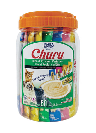 INABA Churu Cat Treats, Lickable, Squeezable Creamy Purée Cat Treat with Green Tea Extract & Taurine, 0.5 Ounces Each Tube, 50 Tubes, Tuna & Chicken Variety