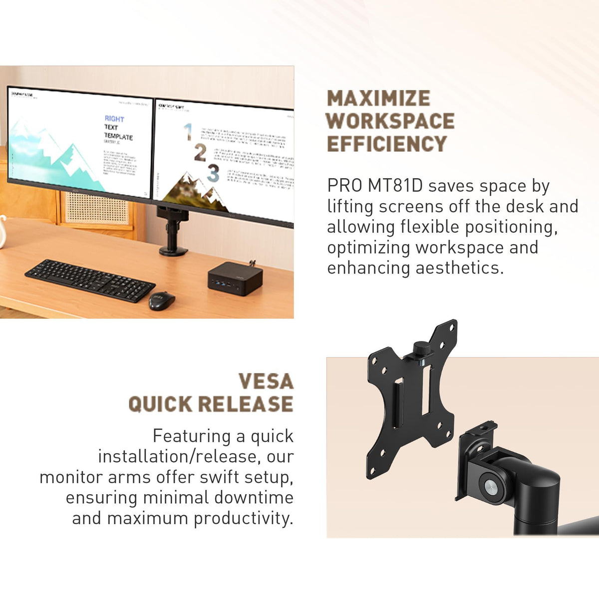 MSI PRO MT81D - Premium Aluminum Dual Monitor Stand Arms, Supports 17-32" & 17.6 lbs per Screen, VESA Compatible, Adjustable Desk Mount, Clamp & Grommet Base, Quick Release Plate - Black