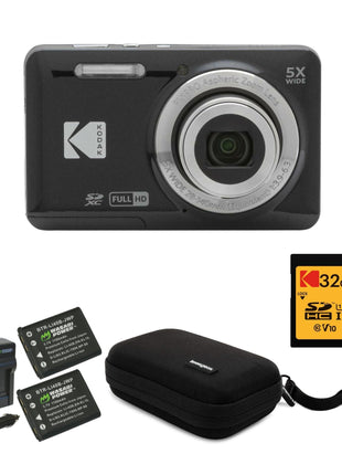Kodak PIXPRO Friendly Zoom FZ55 Digital Camera (Black) Bundle with 32GB SD Card, Camera Case, and Battery Travel Charger (4 Items)