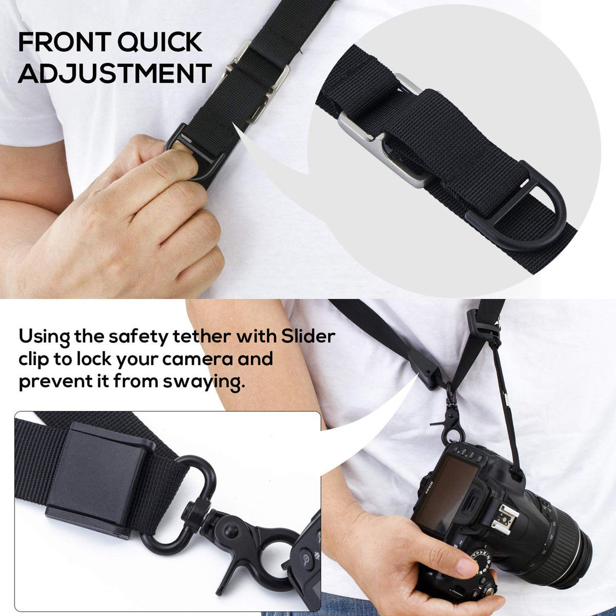 Waka Rapid Camera Neck Strap with Quick Release and Safety Tether, Adjustable Shoulder Sling Strap for Nikon Canon Sony Olympus DSLR - Black