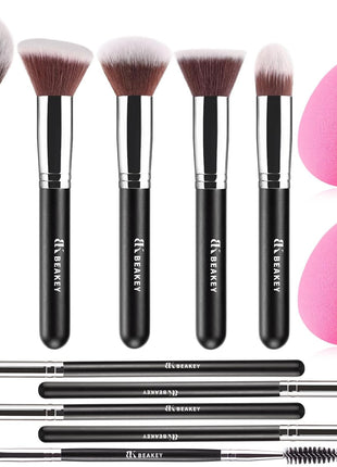 BEAKEY Makeup Brushes Set, Professional Foundation Eyeshadow Concealer Blush Powder Bronzer Applicator, 2 Blender Sponge with Beauty Paper Case