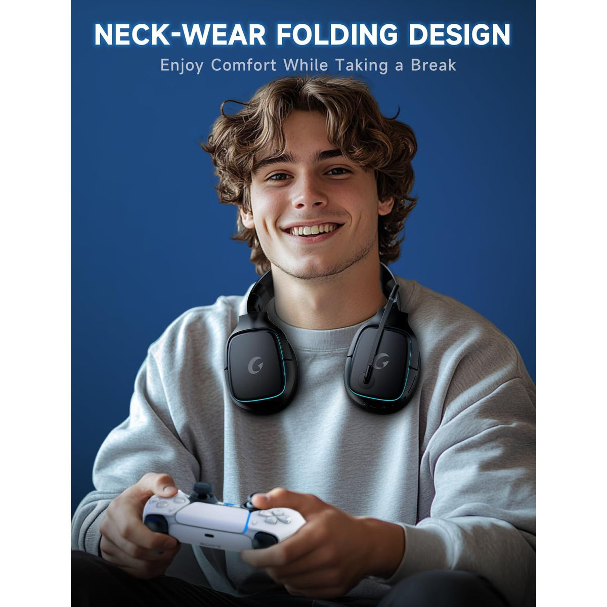 Gvyugke 2.4GHz Wireless Gaming Headsets for PS5, PS4, PC, Switch - Bluetooth 5.3 Gaming Headphones with Noise Canceling Mic, 7.1 Surround Sound, 70H Battery, Blue Lighting - Black
