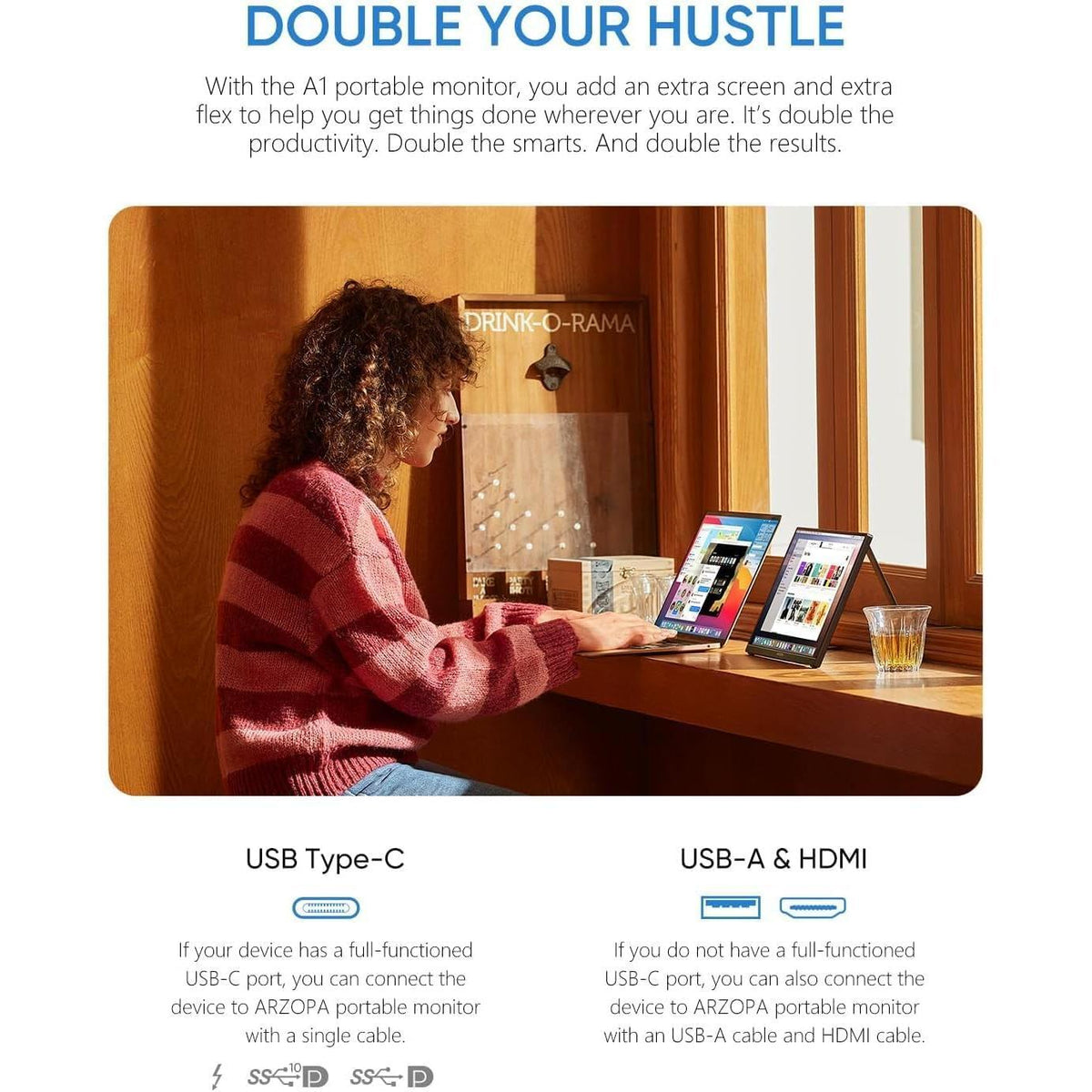 ARZOPA Portable Monitor 15.6'' FHD 1080P - Ultra-Slim Portable Laptop Monitor with Kickstand - IPS Display for PC, MAC, Phone, Xbox, PS5 - USB C & HDMI Connectivity - A1