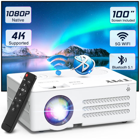 TMY Projector with WiFi and Bluetooth【80" screen included】Native 1080P Outdoor Projector, 4K Supported Portable Projector, Compatible with iOS/Android/PC/TV Stick/HDMI/USB, Indoor Outdoor Use