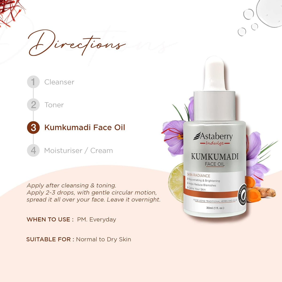 Astaberry Indulge Kumkumadi Face Oil for Glowing Skin With Saffron & Lotus Extracts For Dull Skin, Sandalwood & Mulethi For Reduces Dark Spots & Blemishes | 30 ml